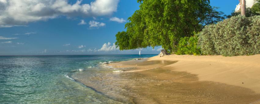 View of the beach at Paynes Bay in Barbados with the powdery sand and warm blue waters.