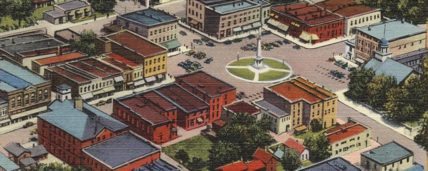 Aerial view of business district, Angola, Indiana