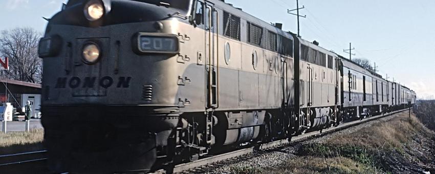 MONON F3A 207 with northbound Train 6, The Thoroughbred, in Dyer, Indiana on November 26, 1965.